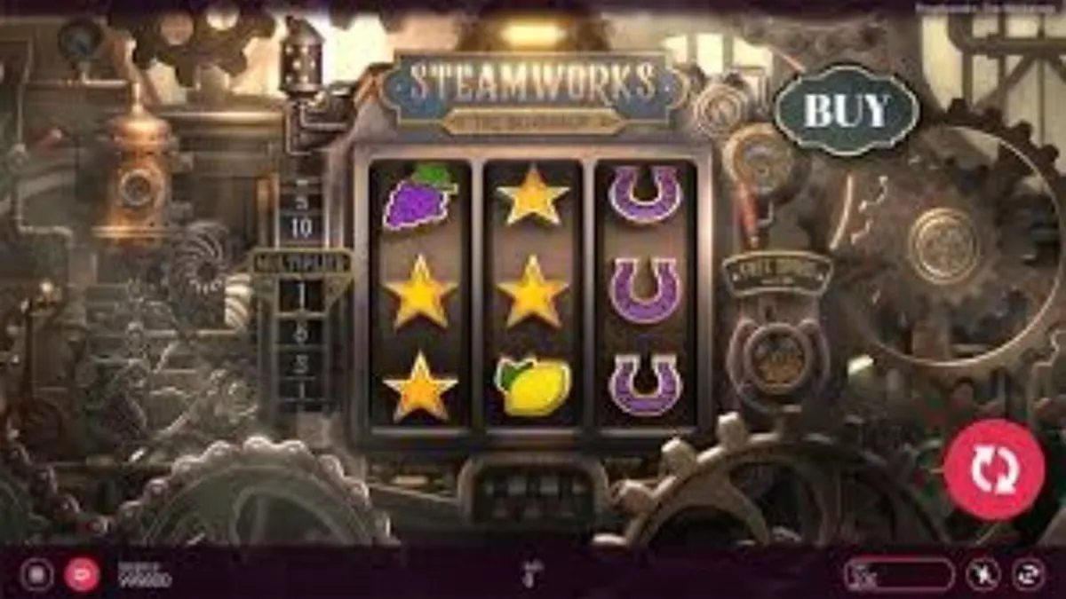 Steamworks slot machine interface na may industrial theme