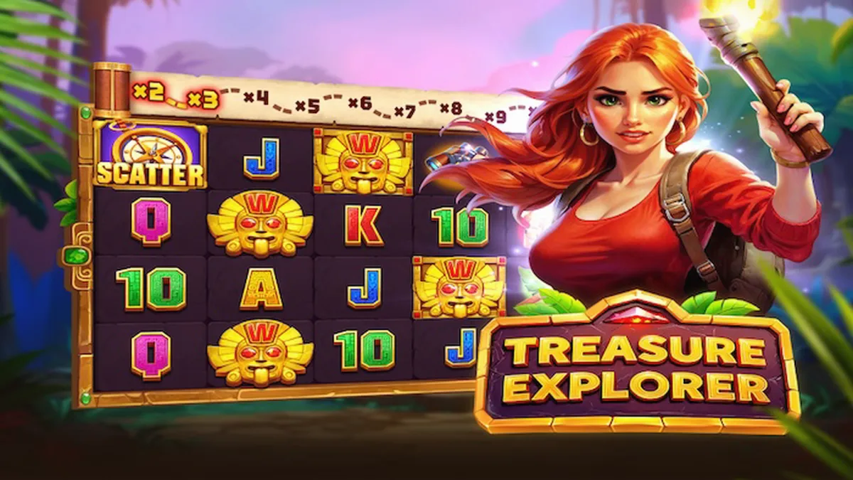Treasure Explorer slot game interface na may temang gubat at Aztec symbols